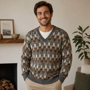 Classic Alpaca Sweater Men XXL Geometric Grandpacore Preppy Office Siren